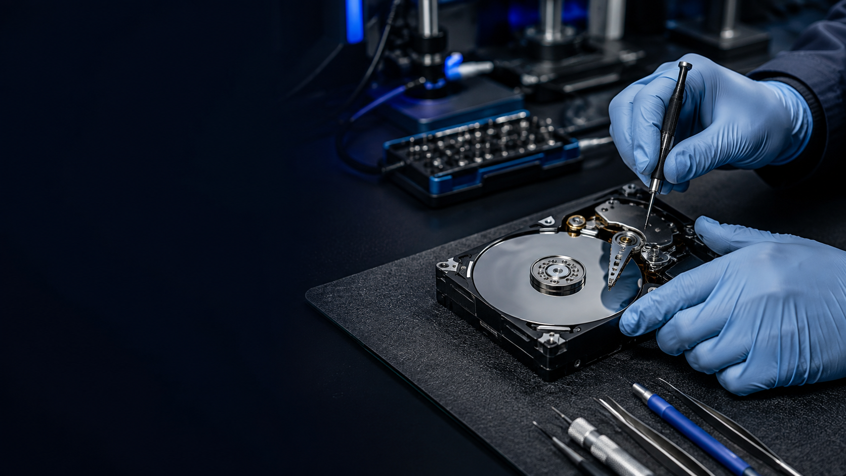 Data recovery technician working with storage media at a professional workbench